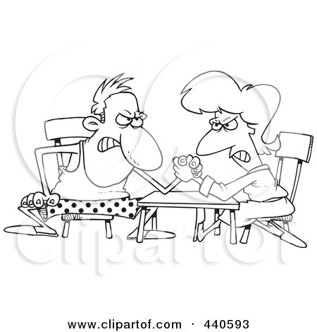 Royalty-Free (RF) Clip Art Illustration of a Cartoon Black And White Outline Design Of A Married Couple Arm Wrestling by toonaday