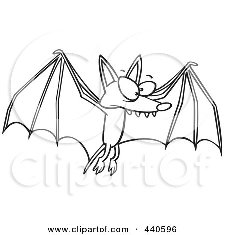 Royalty-Free (RF) Clip Art Illustration of a Cartoon Black And White Outline Design Of A Flying Bat by toonaday