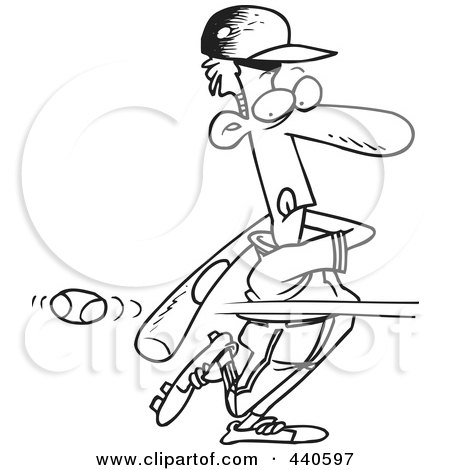 Royalty-Free (RF) Clip Art Illustration of a Cartoon Black And White Outline Design Of A Baseball Batter Striking Out by toonaday