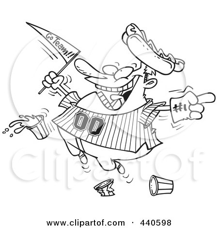 Royalty-Free (RF) Clip Art Illustration of a Cartoon Black And White Outline Design Of A Baseball Fan Jumping by toonaday