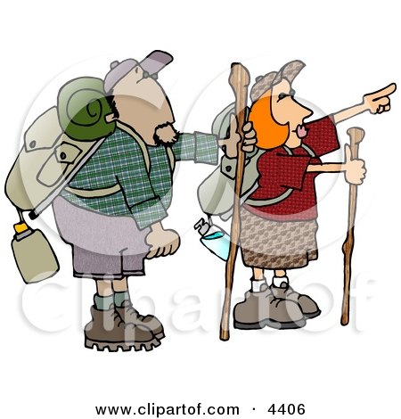 Male and Female Hikers Hiking with Backpacks, Canteens, Sleeping Bags, and Walking Sticks Clipart by djart