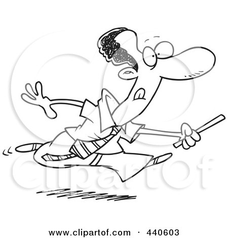 Royalty-Free (RF) Clip Art Illustration of a Cartoon Black And White Outline Design Of A Black Businessman Running With A Baton by toonaday
