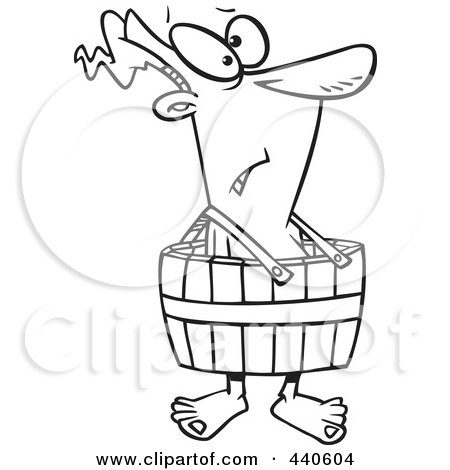 Royalty-Free (RF) Clip Art Illustration of a Cartoon Black And White Outline Design Of A Man Wearing A Barrel by toonaday