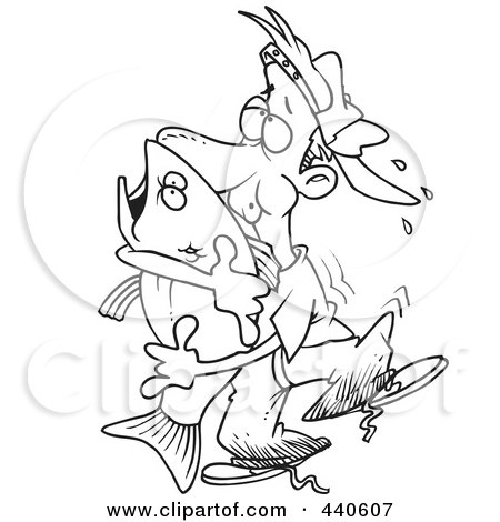 Royalty-Free (RF) Clip Art Illustration of a Cartoon Black And White Outline Design Of A Man Hugging A Bass Fish by toonaday