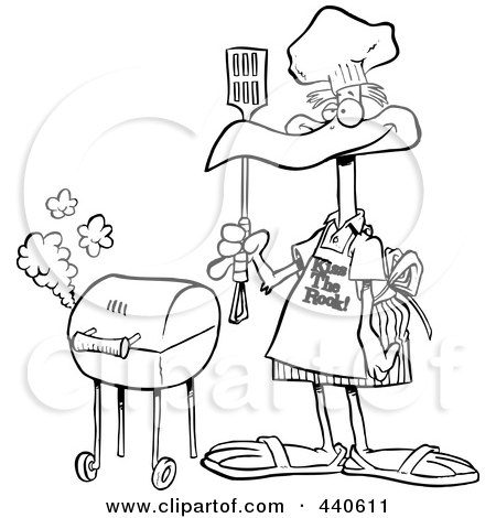 Royalty-Free (RF) Clip Art Illustration of a Cartoon Black And White Outline Design Of A Bird Standing By His Bbq by toonaday