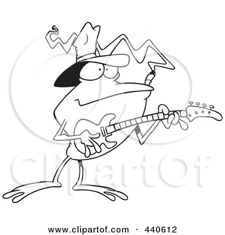 Royalty-Free (RF) Clip Art Illustration of a Cartoon Black And White Outline Design Of A Bass Guitarist Frog by toonaday