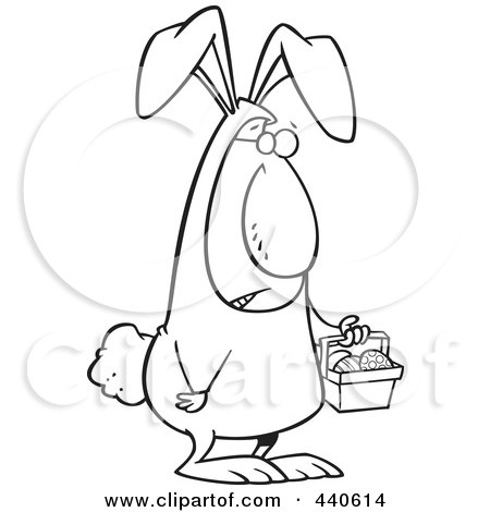 Royalty-Free (RF) Clip Art Illustration of a Cartoon Black And White Outline Design Of An Easter Bunny Man Carrying A Basket by toonaday