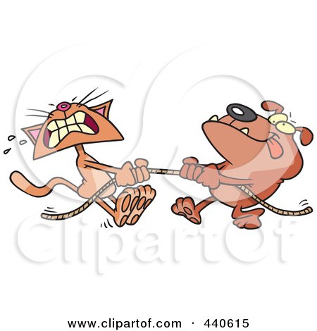 Royalty-Free (RF) Clip Art Illustration of a Cartoon Bull Dog And Cat Playing Tug Of War by toonaday