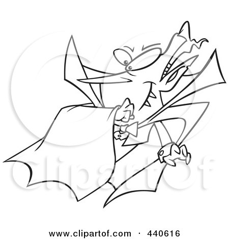 Royalty-Free (RF) Clip Art Illustration of a Cartoon Black And White Outline Design Of A Batty Vampire by toonaday