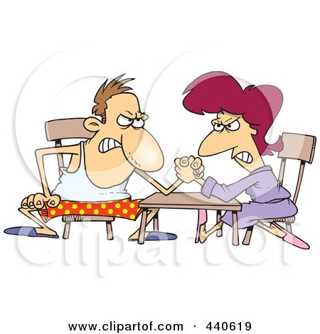 Royalty-Free (RF) Clip Art Illustration of a Cartoon Married Couple Arm Wrestling by toonaday