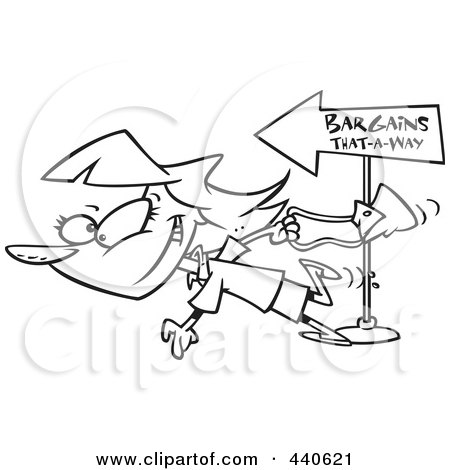 Royalty-Free (RF) Clip Art Illustration of a Cartoon Black And White Outline Design Of A Female Bargain Shopper Following Signs by toonaday