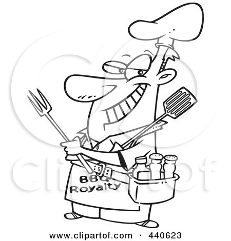 Royalty-Free (RF) Clip Art Illustration of a Cartoon Black And White Outline Design Of A Man Wearing A Bbq Royalty Apron by toonaday