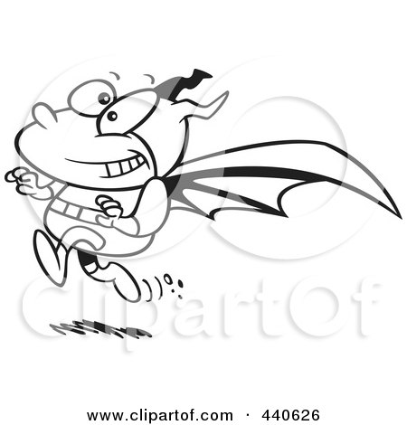 Royalty-Free (RF) Clip Art Illustration of a Cartoon Black And White Outline Design Of A Running Bat Boy by toonaday
