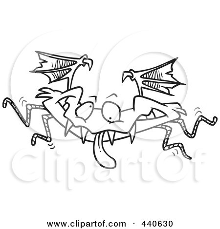 Royalty-Free (RF) Clip Art Illustration of a Cartoon Black And White Outline Design Of A Monster Bat by toonaday