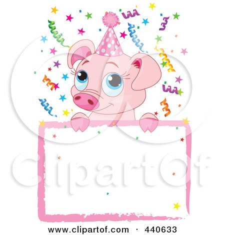 Royalty-Free (RF) Clip Art Illustration of a Cute Pig Birthday Party Invitation With A Blank Sign by Pushkin