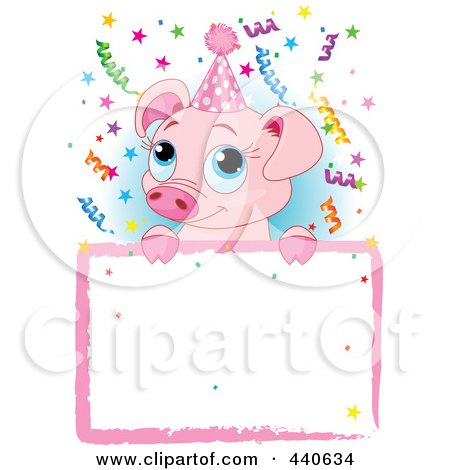 Royalty-Free (RF) Clip Art Illustration of a Cute Piglet Birthday Party Invitation With A Blank Sign Over Blue by Pushkin