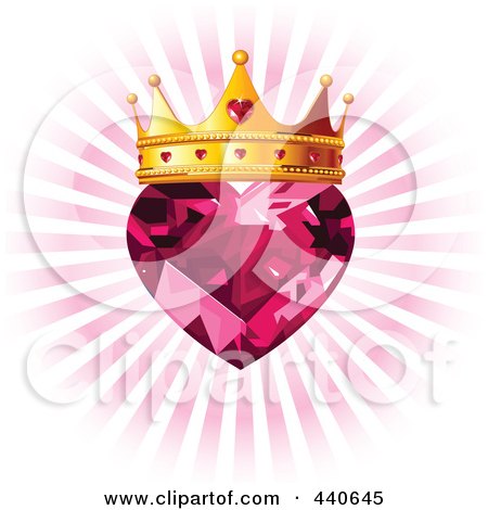 Royalty-Free (RF) Clip Art Illustration of a Ruby Heart With A Golden Crown Over A Pink Burst by Pushkin