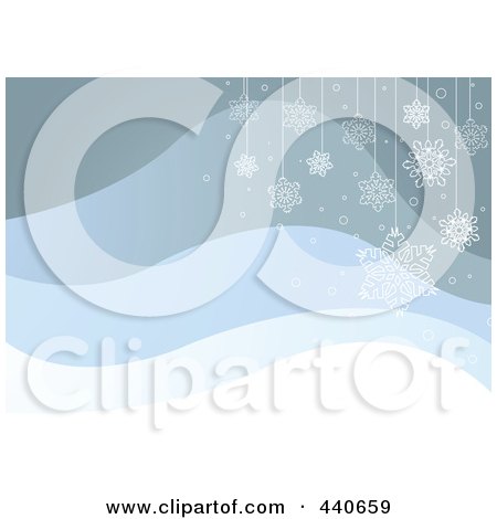 Royalty-Free (RF) Clip Art Illustration of a Gradient Blue Wave Background With Suspended Snowflakes by Pushkin