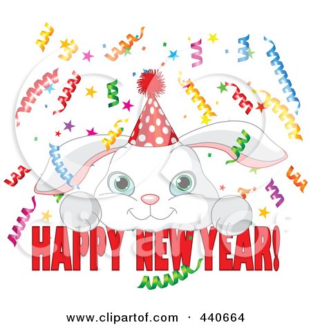 Royalty-Free (RF) Clip Art Illustration of a Cute Party Bunny Over Happy New Year Text by Pushkin