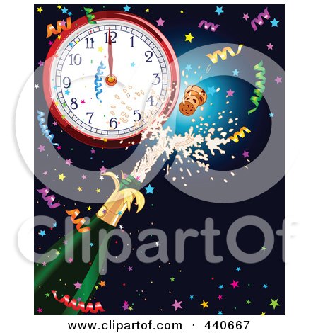 Royalty-Free (RF) Clip Art Illustration of a New Years Background With Confetti, Champagne And A Clock At Midnight by Pushkin