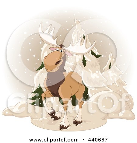Royalty-Free (RF) Clip Art Illustration of a Cute Moose Standing By Evergreens In The Snow by Pushkin
