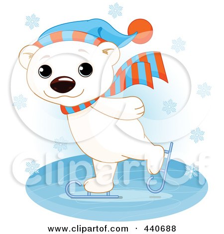 Royalty-Free (RF) Clip Art Illustration of a Cute Polar Bear Ice Skating In The Snow Over Blue by Pushkin