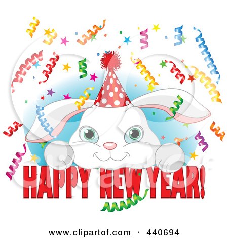 Royalty-Free (RF) Clip Art Illustration of a Cute Party Rabbit Over Happy New Year Text On Blue And White by Pushkin