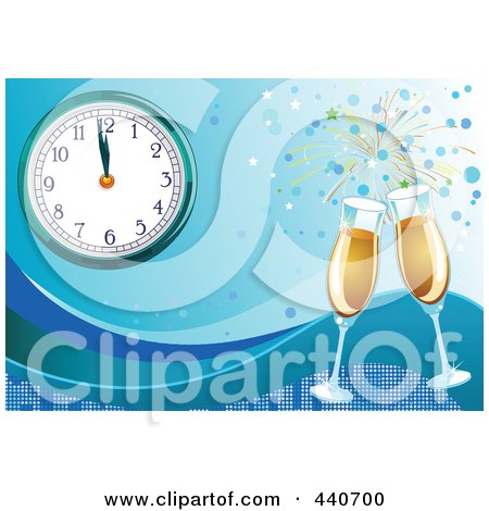 Royalty-Free (RF) Clip Art Illustration of a New Years Background With Champagne And A Clock Nearing Midnight On Blue by Pushkin