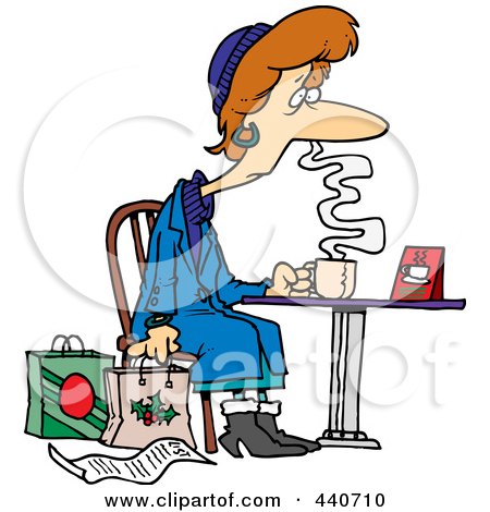 Royalty-Free (RF) Clip Art Illustration of a Cartoon Tired Christmas Shopper Drinking Coffee by toonaday