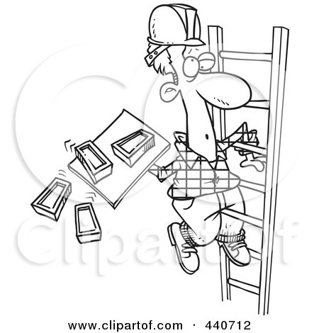 Royalty-Free (RF) Clip Art Illustration of a Cartoon Black And White Outline Design Of A Mason Carrying Bricks On A Ladder by toonaday