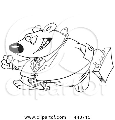 Royalty-Free (RF) Clip Art Illustration of a Cartoon Black And White Outline Design Of A Business Bear Walking by toonaday