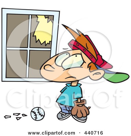 Royalty-Free (RF) Clip Art Illustration of a Cartoon Baseball Boy Looking At A Broken Window by toonaday