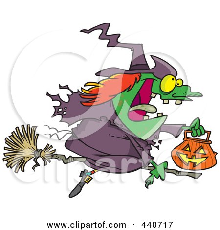 Royalty-Free (RF) Clip Art Illustration of a Cartoon Halloween Witch Flying On Her Broom by toonaday