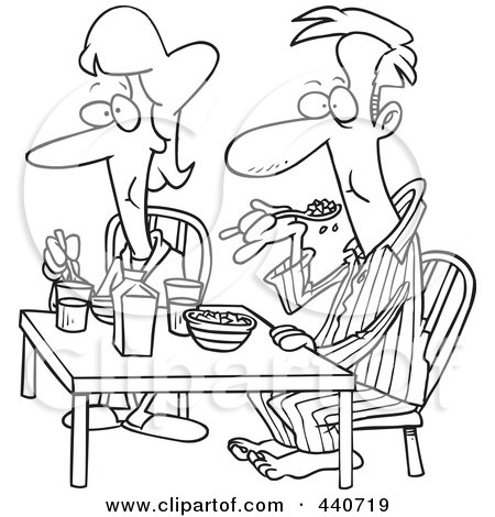 Royalty-Free (RF) Clip Art Illustration of a Cartoon Black And White Outline Design Of A Couple Eating Breakfast Together by toonaday