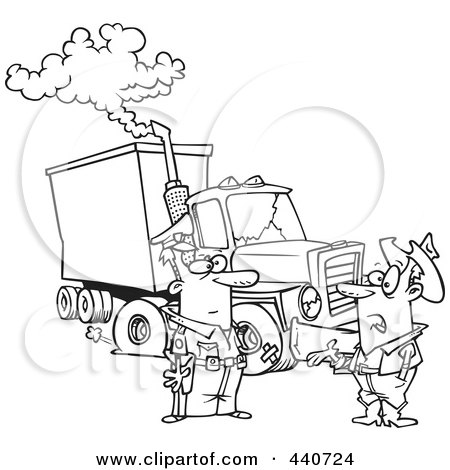 Royalty-Free (RF) Clip Art Illustration of a Cartoon Black And White Outline Design Of A Police Man Assisting A Trucker With A Broken Down Rig by toonaday