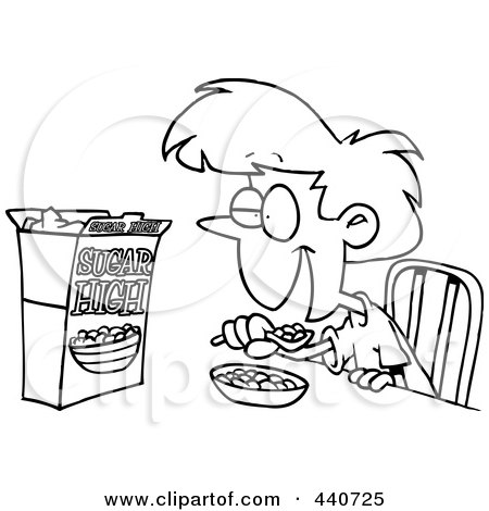 Royalty-Free (RF) Clip Art Illustration of a Cartoon Black And White Outline Design Of A Girl Eating Sugary Cereal by toonaday