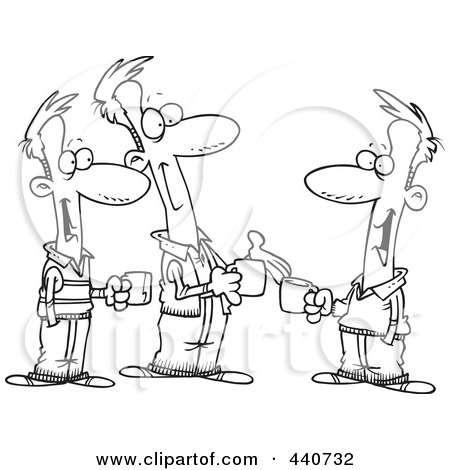Royalty-Free (RF) Clip Art Illustration of a Cartoon Black And White Outline Design Of Three Brothers Talking Over Coffee by toonaday