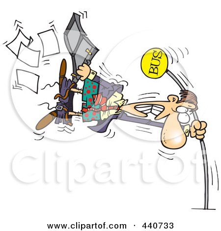 Royalty-Free (RF) Clip Art Illustration of a Cartoon Man Holding Onto A Pole At The Bus Stop During A Wind Storm by toonaday