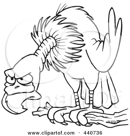 Royalty-Free (RF) Clip Art Illustration of a Cartoon Black And White Outline Design Of A Perched Buzzard by toonaday