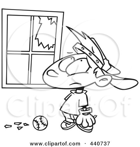 Royalty-Free (RF) Clip Art Illustration of a Cartoon Black And White Outline Design Of A Baseball Boy Looking At A Broken Window by toonaday