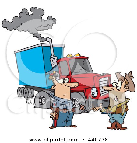 Royalty-Free (RF) Clip Art Illustration of a Cartoon Police Man Assisting A Trucker With A Broken Down Rig by toonaday