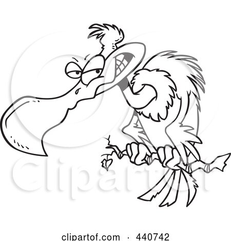 Royalty-Free (RF) Clip Art Illustration of a Cartoon Black And White Outline Design Of A Grinning Buzzard by toonaday