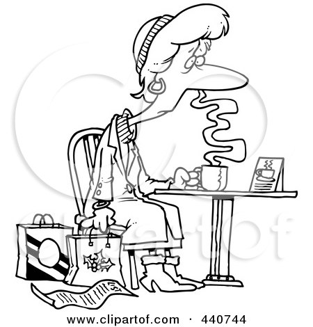 Royalty-Free (RF) Clip Art Illustration of a Cartoon Black And White Outline Design Of A Tired Christmas Shopper Drinking Coffee by toonaday