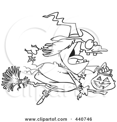 Royalty-Free (RF) Clip Art Illustration of a Cartoon Black And White Outline Design Of A Halloween Witch Flying On Her Broom by toonaday