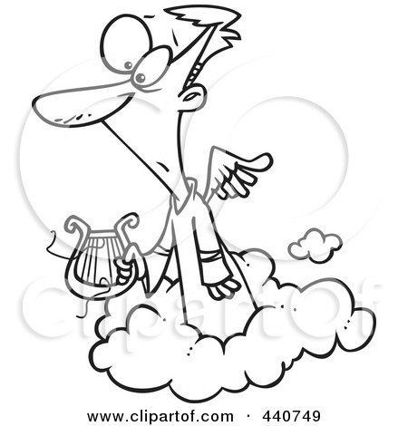 Royalty-Free (RF) Clip Art Illustration of a Cartoon Black And White Outline Design Of An Angel Holding A Broken Lyre by toonaday