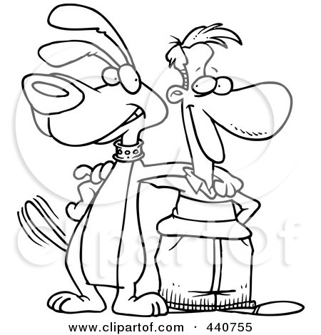 Royalty-Free (RF) Clip Art Illustration of a Cartoon Black And White Outline Design Of A Man And Dog Standing Together by toonaday
