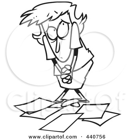 Royalty-Free (RF) Clip Art Illustration of a Cartoon Black And White Outline Design Of A Berated Businesswoman Standing Over Papers by toonaday