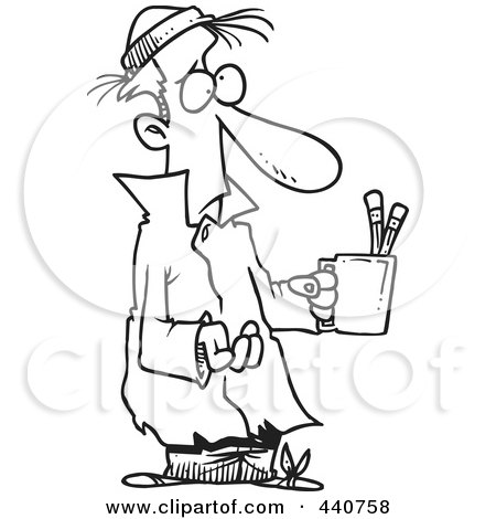 Royalty-Free (RF) Clip Art Illustration of a Cartoon Black And White Outline Design Of A Poor Man Begging With A Pencil Cup by toonaday