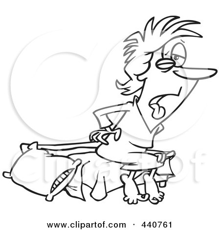 Royalty-Free (RF) Clip Art Illustration of a Cartoon Black And White Outline Design Of A Tired Woman Waking Up by toonaday