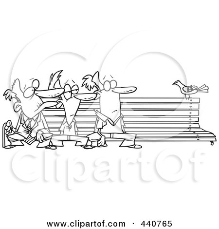 Royalty-Free (RF) Clip Art Illustration of a Cartoon Black And White Outline Design Of Three Men Watching A Bird On A Bench by toonaday